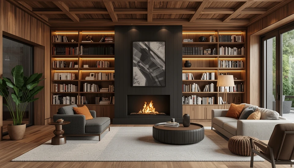 Homme assemblant un meuble en bois dans salon moderne, utilisant une scie &agrave; main sur cadre de table