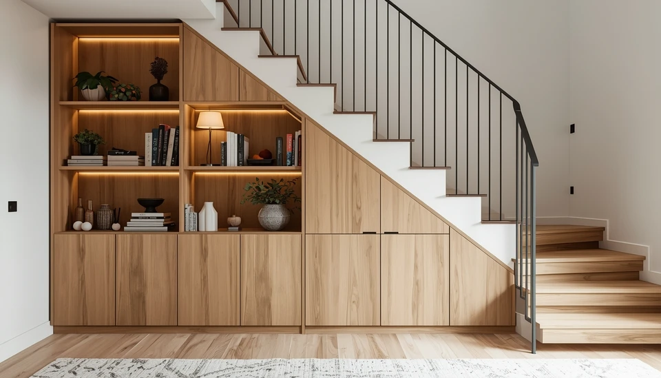 Intérieur domestique sous escalier en bois avec étagère décorative