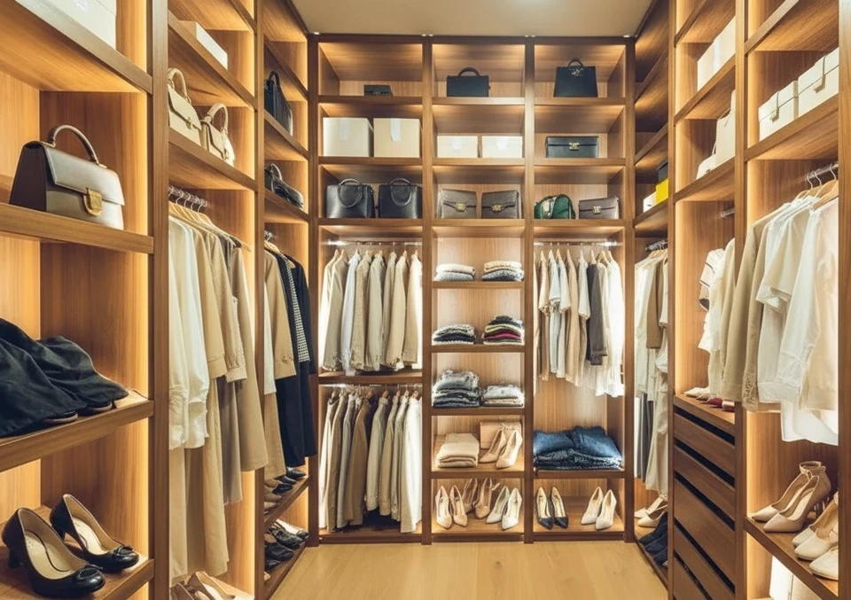Concept d'intérieur moderne du loft dressroom et de la chambre, armoire en bois sur mur et parquet en briques blanches, rendu 3d