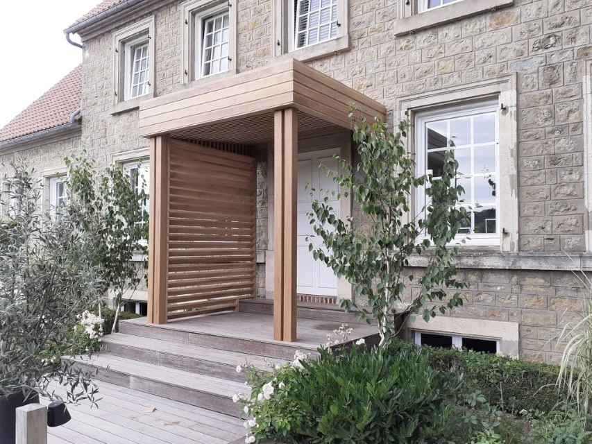 Construction de maison neuve extérieure à l'étape de la charpente en bois, échelle d'extension en aluminium soutenue contre le mur arrière, premiers jours sur le chantier résidentiel
