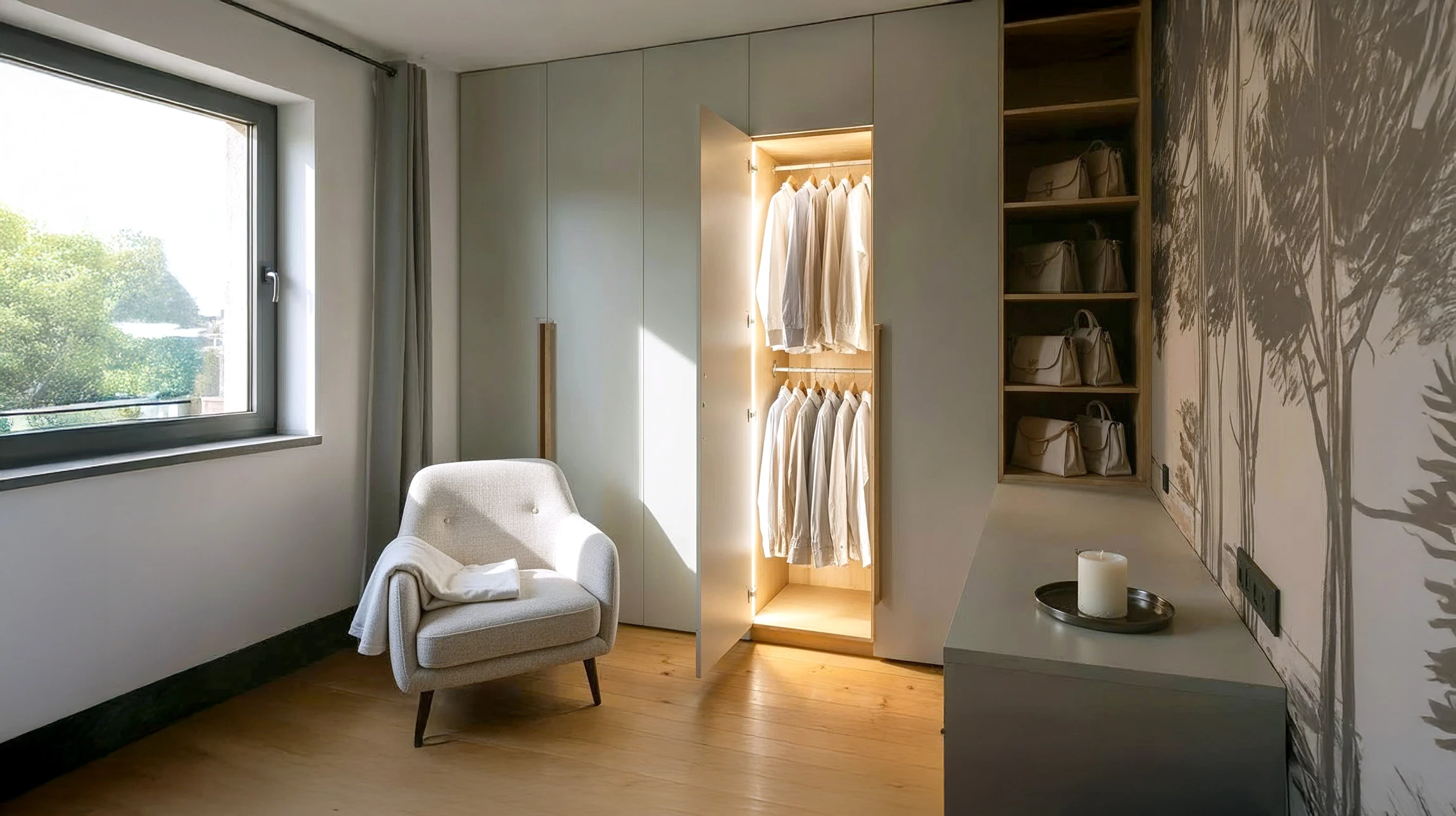Armoire avec différents vêtements et accessoires dans le dressing