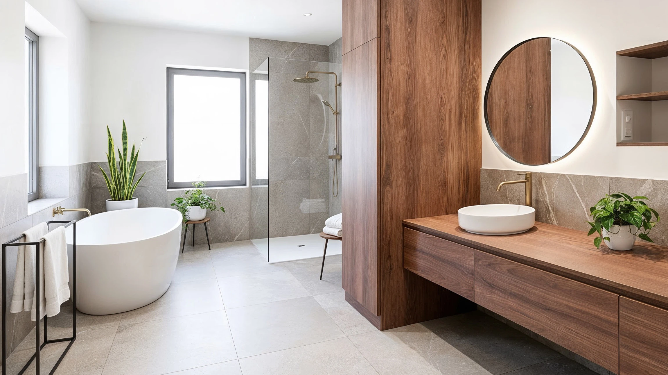 Salle de bain moderne épurée avec baignoire îlot blanche, vasque intégrée en béton ciré anthracite sur meuble bois clair